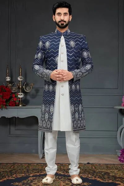 Wedding Wear Readymade Indo Western For Men In Silk Navy Bl
